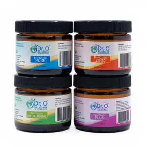 Ozonated oils — four jars of Dr. O. Solutions Bio-Ozole: Pure, Zinc, Antifungal and Plus